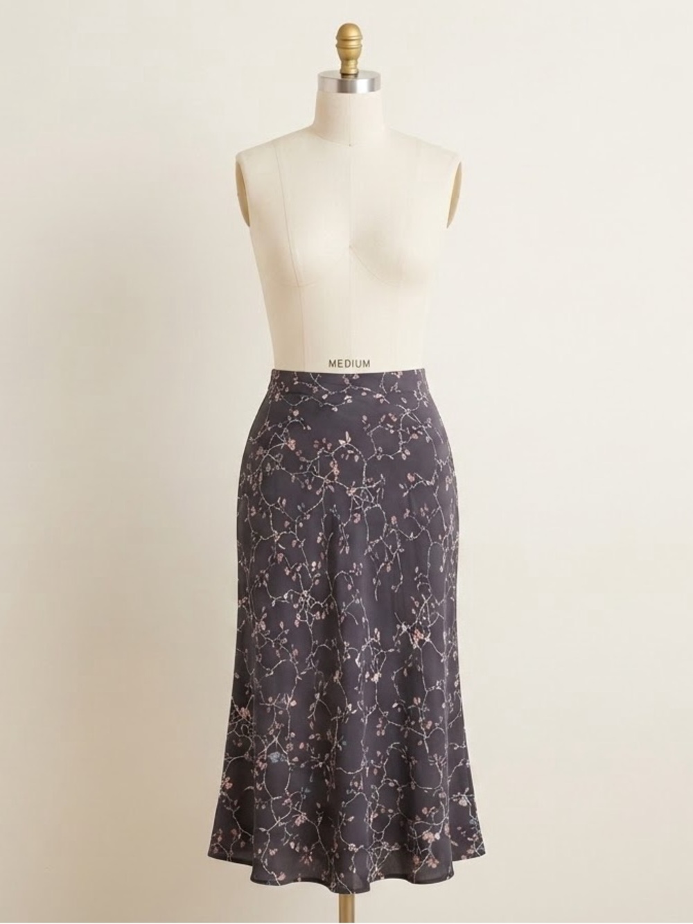 J. Jill Charcoal Midi Skirt with Pink Floral Vine Print